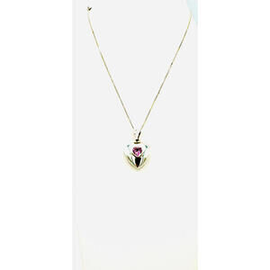 Sterling silver chain puffer heart with faceted pink crystal pendant necklac